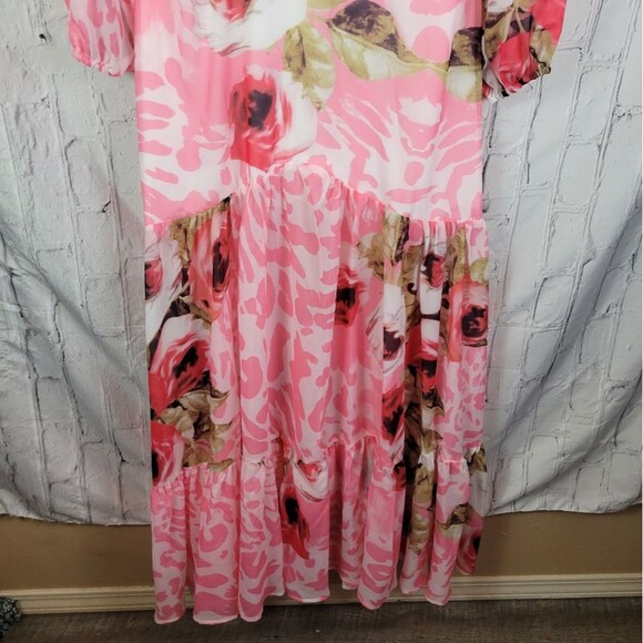 Giffniseti pink leopard print long sleeve cut out side ruffle hem maxi dress - Picture 7 of 12